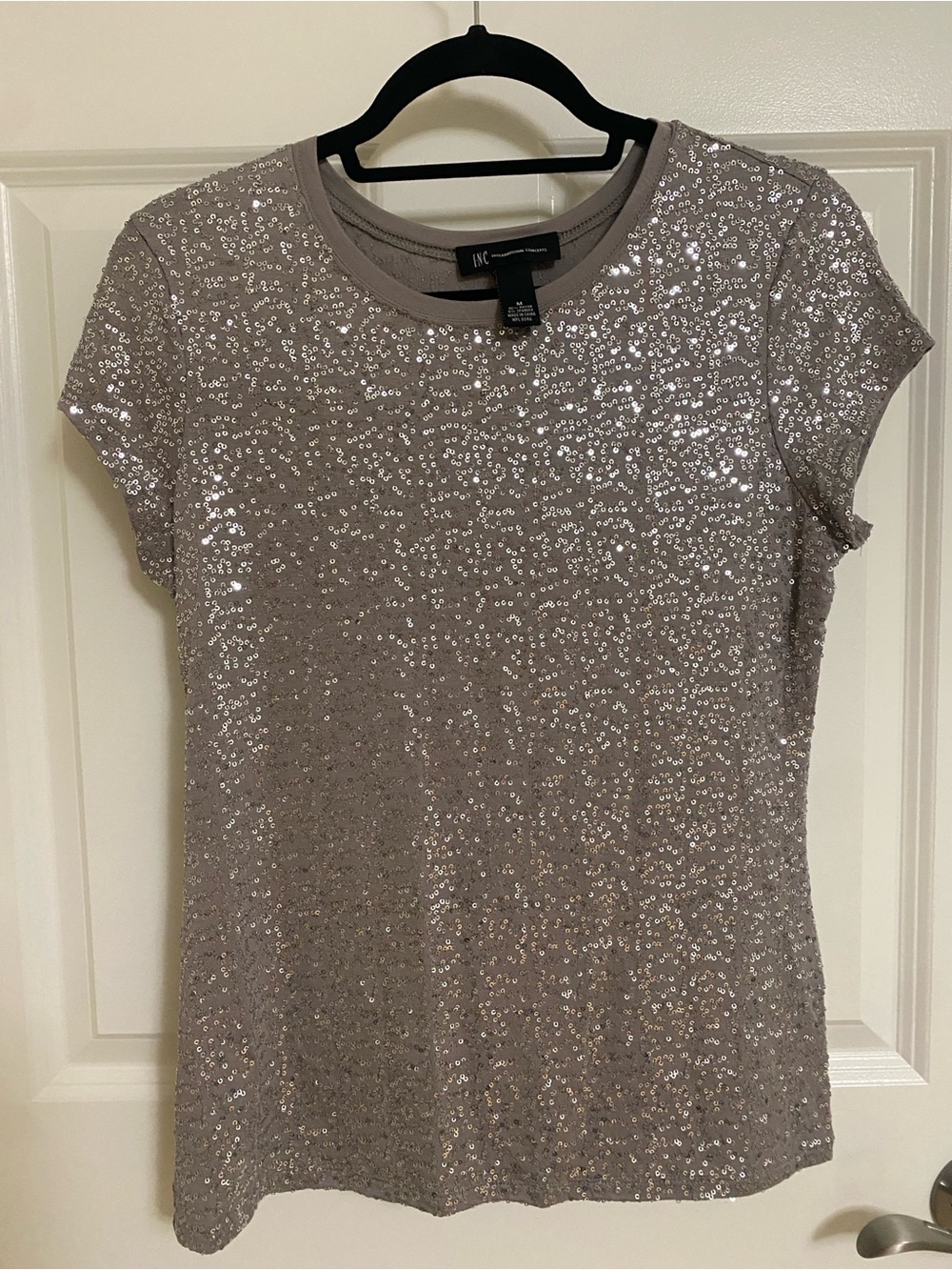 INC International Concepts Silver Sequin Short Sleeve Tee